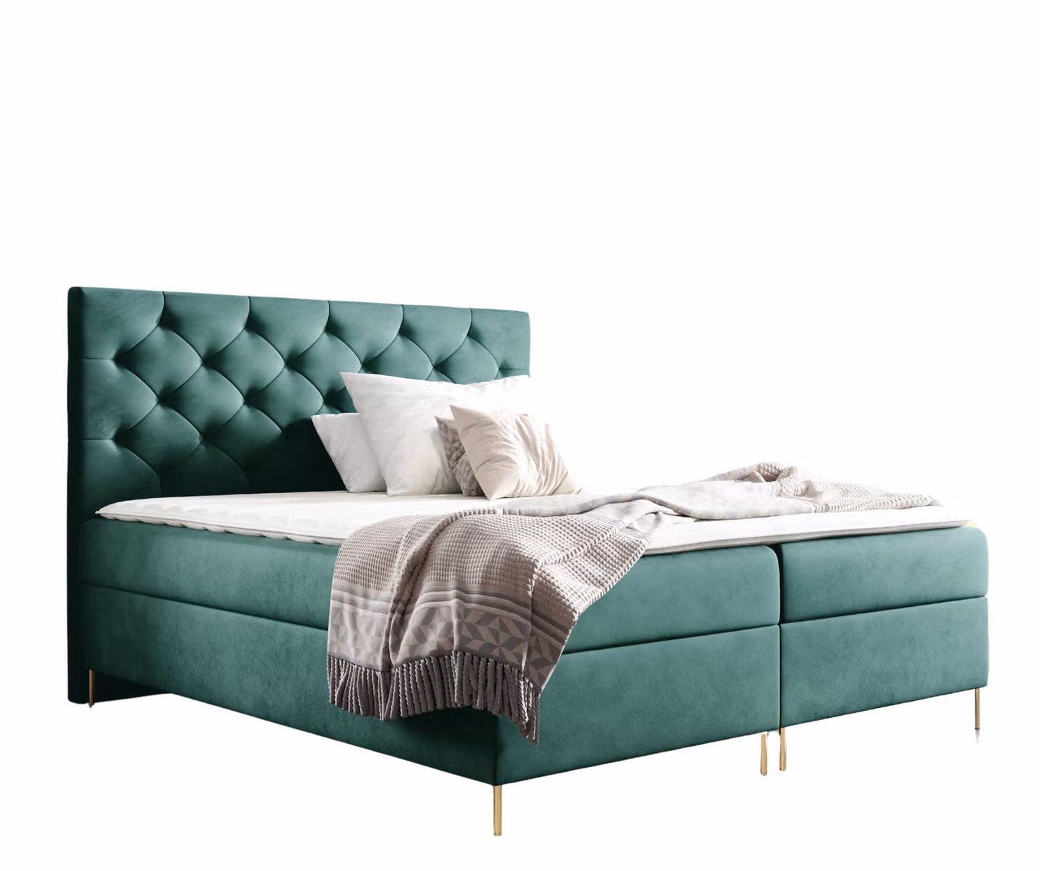 Letto imbottito GUTTO modello LIVIA, dimensioni 160 x 200 cm, con 2 contenitori portaoggetti, topper da 5 cm incluso, rivestito in velluto verde, con gambe alte dorate