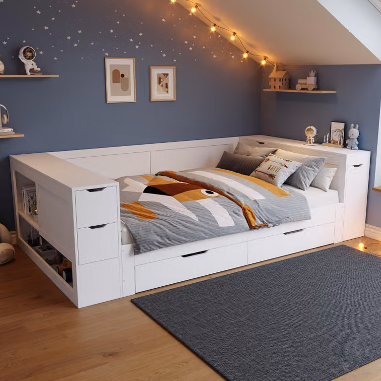 okwish Letto per bambini 140x200 Letto pieghevole multifunzionale con ripiani e cassetti, letto junior con comodino e contenitore, senza materasso, bianco