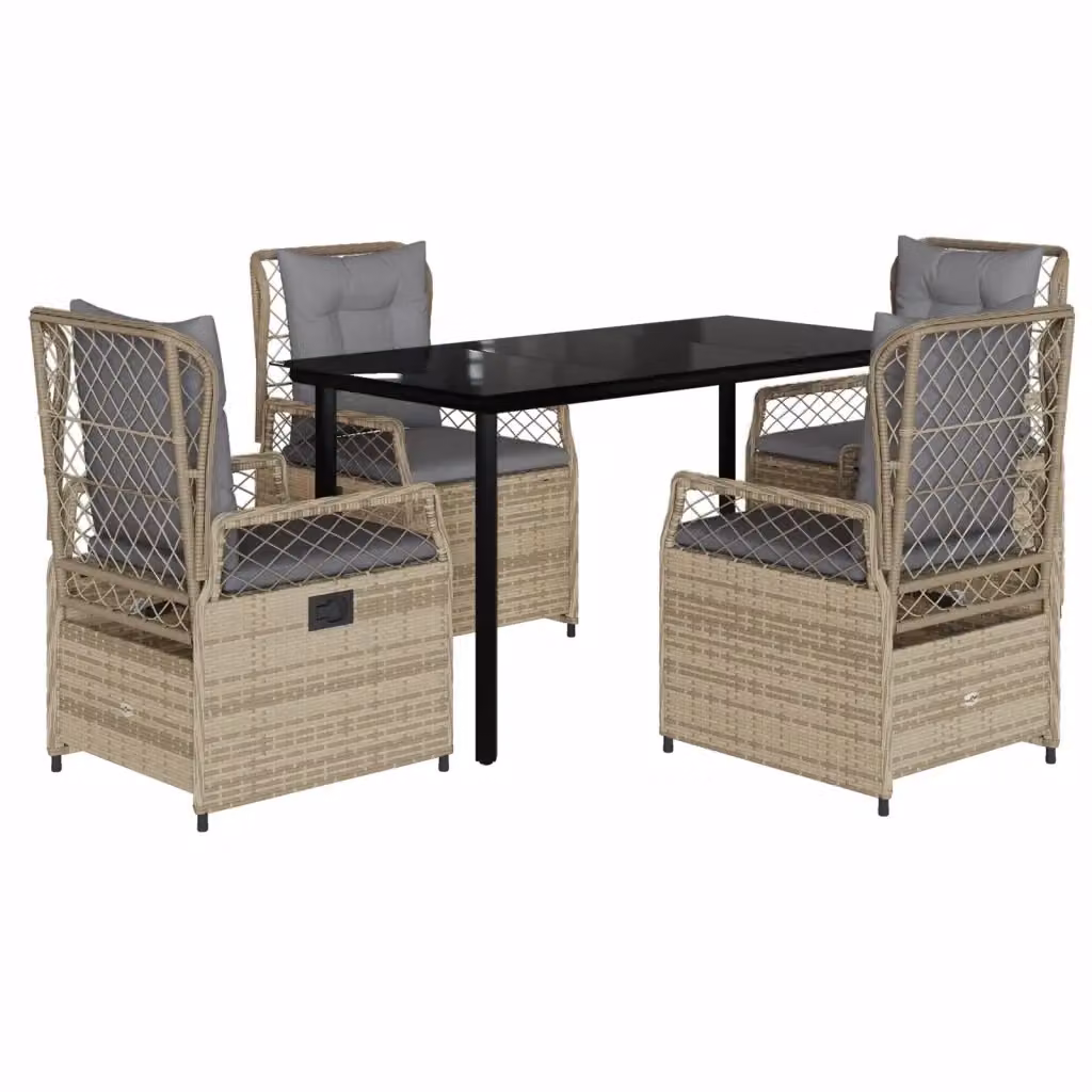 Set da Pranzo da Giardino vidaXL in Polyrattan con Cuscini Beige e Tavolo in Vetro, 5 Pezzi – 2