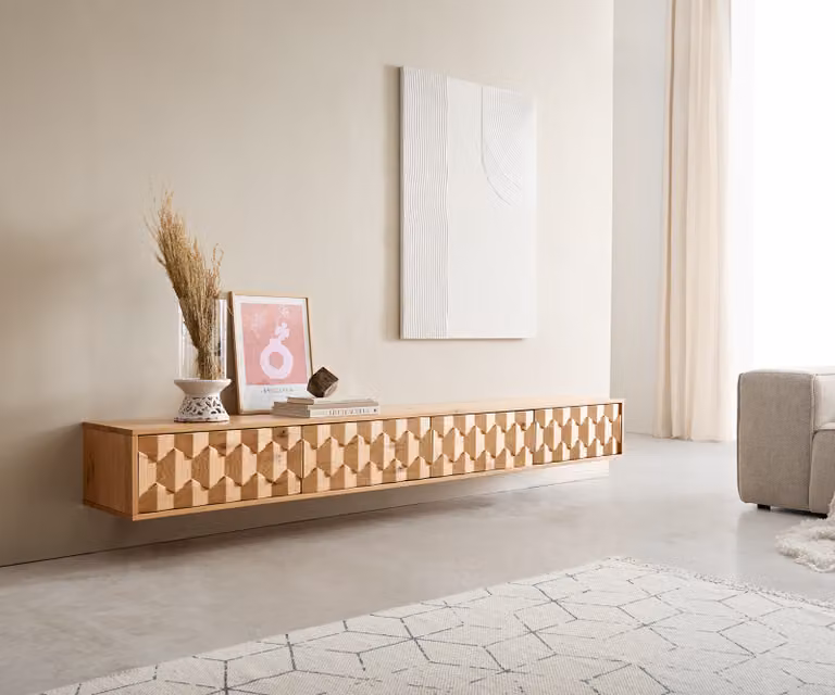DELIFE Mobile TV a basso Fevo, 220 cm, legno di quercia naturale, 4 ante, sospeso