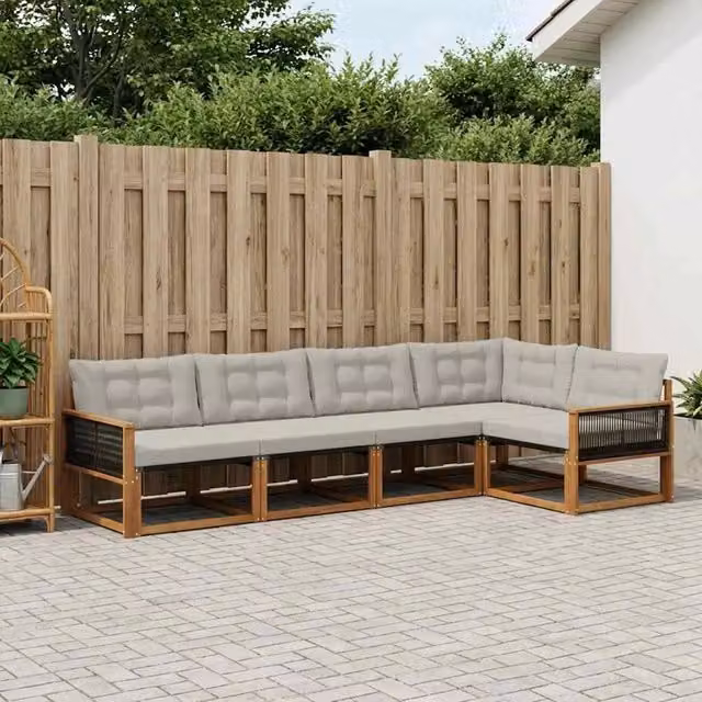 Set di divani da esterno a L vidaXL in legno di acacia con cuscini beige e grigi