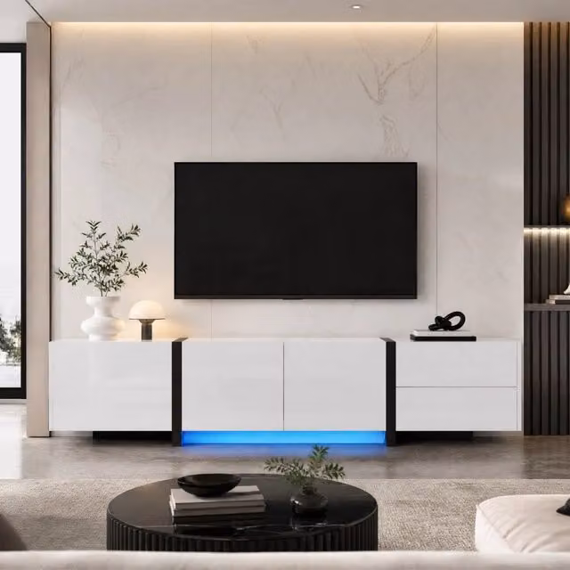 Mobile TV in truciolato bianco lucido con base e gambe nere 170x30x39 cm