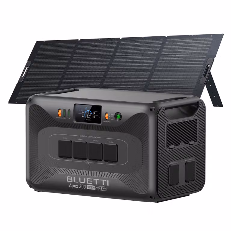 Generatore solare BLUETTI Apex 300 con pannello solare da 350 W e batteria di riserva da 2764,8 Wh. Sistema di alimentazione modulare per la casa, il camper e le emergenze