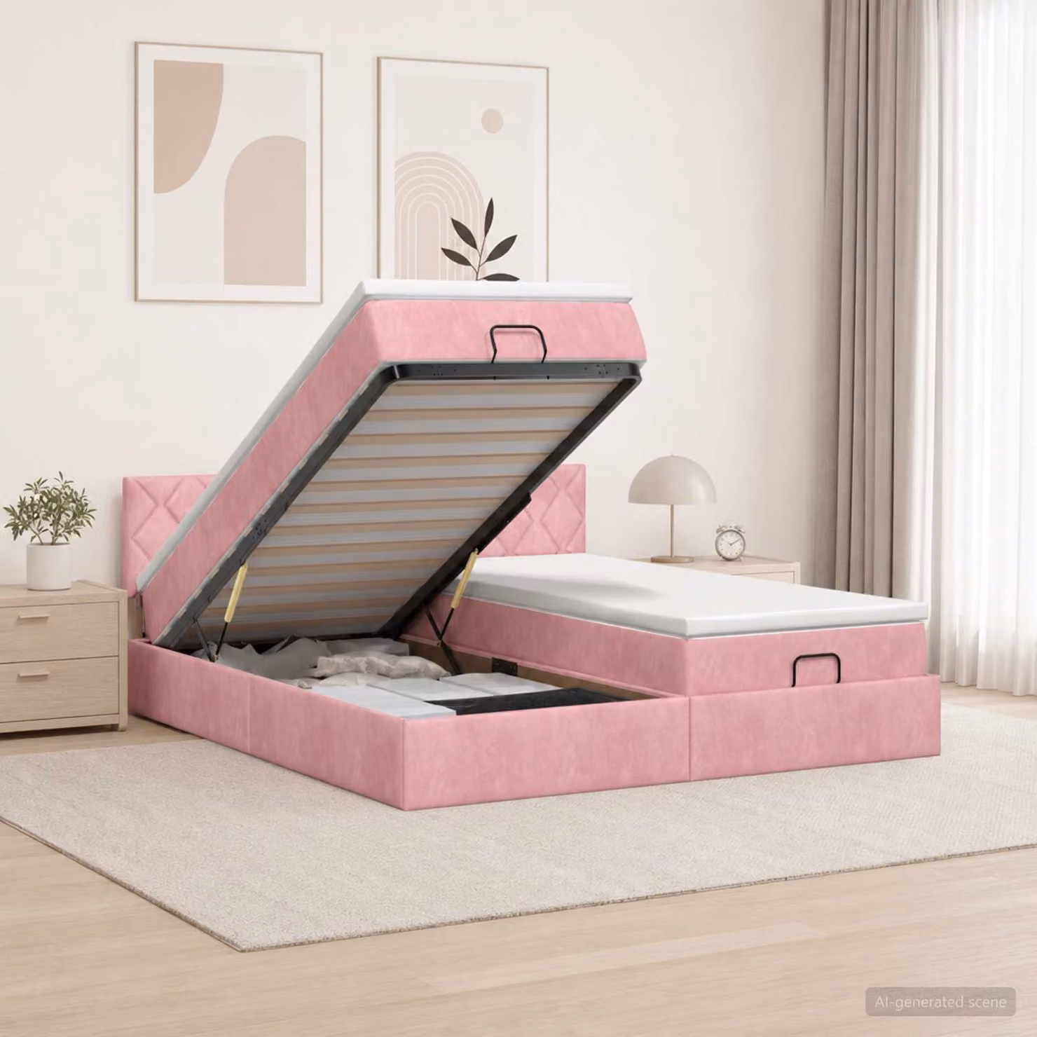 Letto ottomano con materasso e testiera vidaXL in velluto rosa e bianco, L/P/H: 180 x 200 x 88 cm
