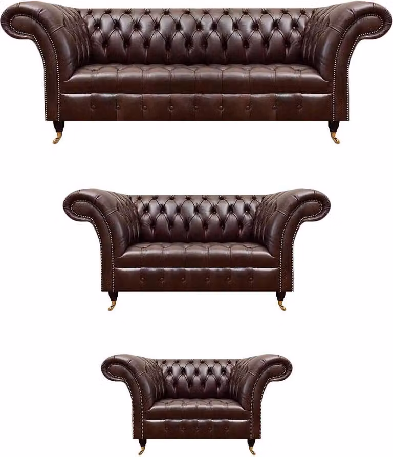 Dunkelbraune Chesterfield Couchgarnitur Ledersofas Designer Sessel 3tlg