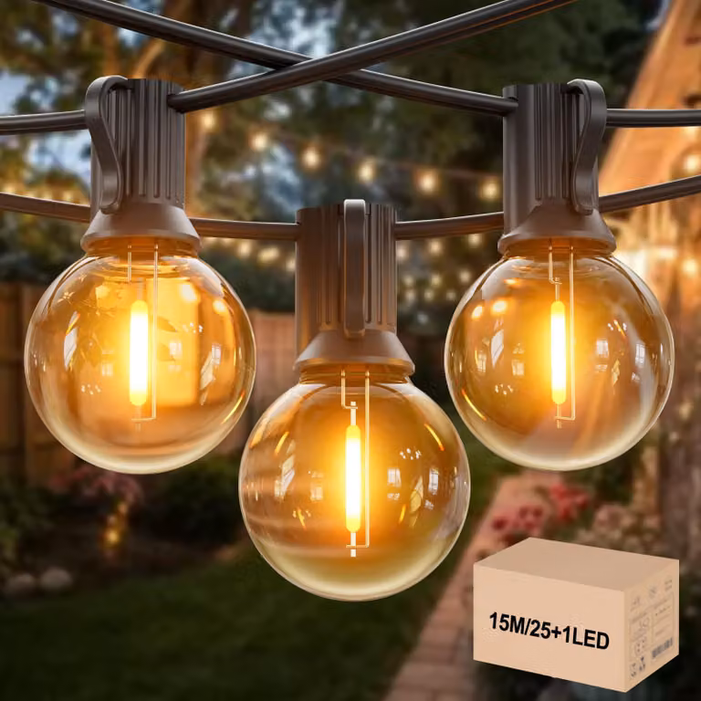 Catena luminosa per esterni - 15 metri, catena luminosa G40 con 25 lampadine + 1, grado di protezione IP45 (resistente all'acqua), catena estendibile fino a 300 metri, luce bianco caldo