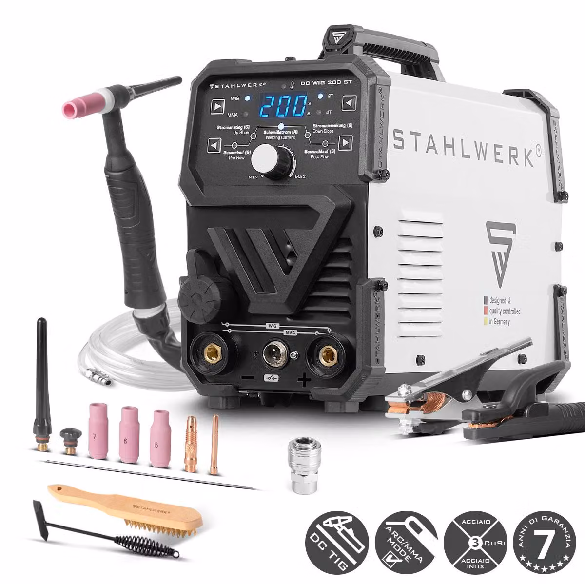 Saldatrice ad arco schermato a gas STAHLWERK 2 in 1 Combi DC TIG 200 ST - Funzione TIG e MMA (MMA) fino a 200 A, per acciaio, acciaio inox, rame, ottone, senza alluminio