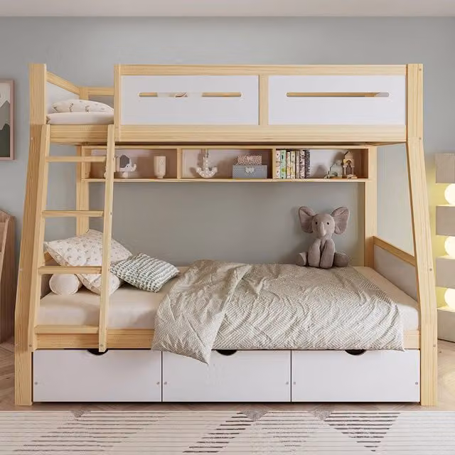 Letto a castello-Xylo-90x200+120x200cm, 3 cassetti, libreria 2m