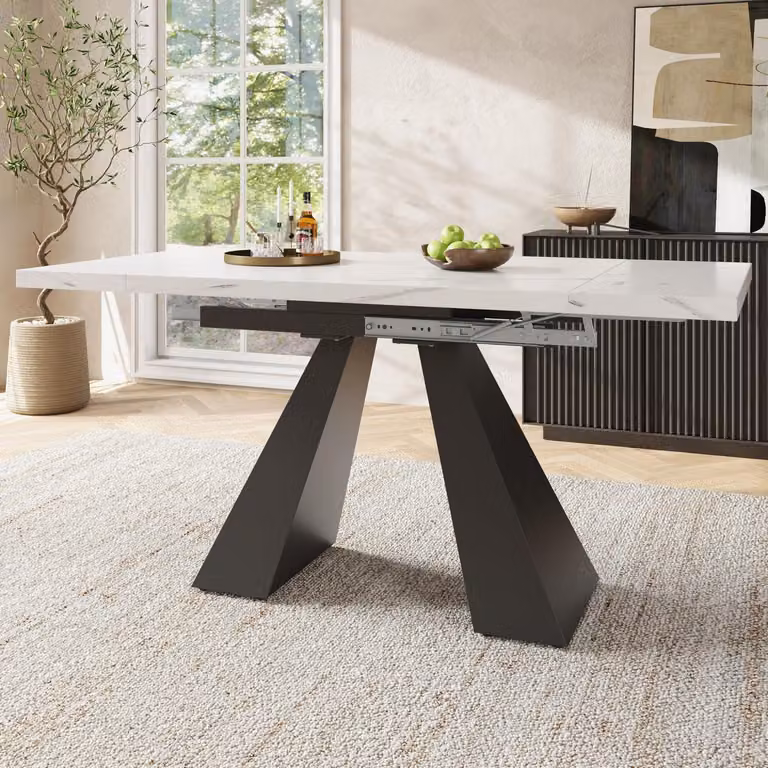 Tavolo da pranzo allungabile, dimensioni 99-159 x 74 x 77 cm, aspetto marmo, colore bianco, gambe Acciaio al carbonio