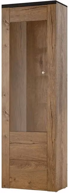 Vetrina alta design 1 porta con illuminazione LED collezione SANTIAGO. Colori quercia e nero effetto legno.