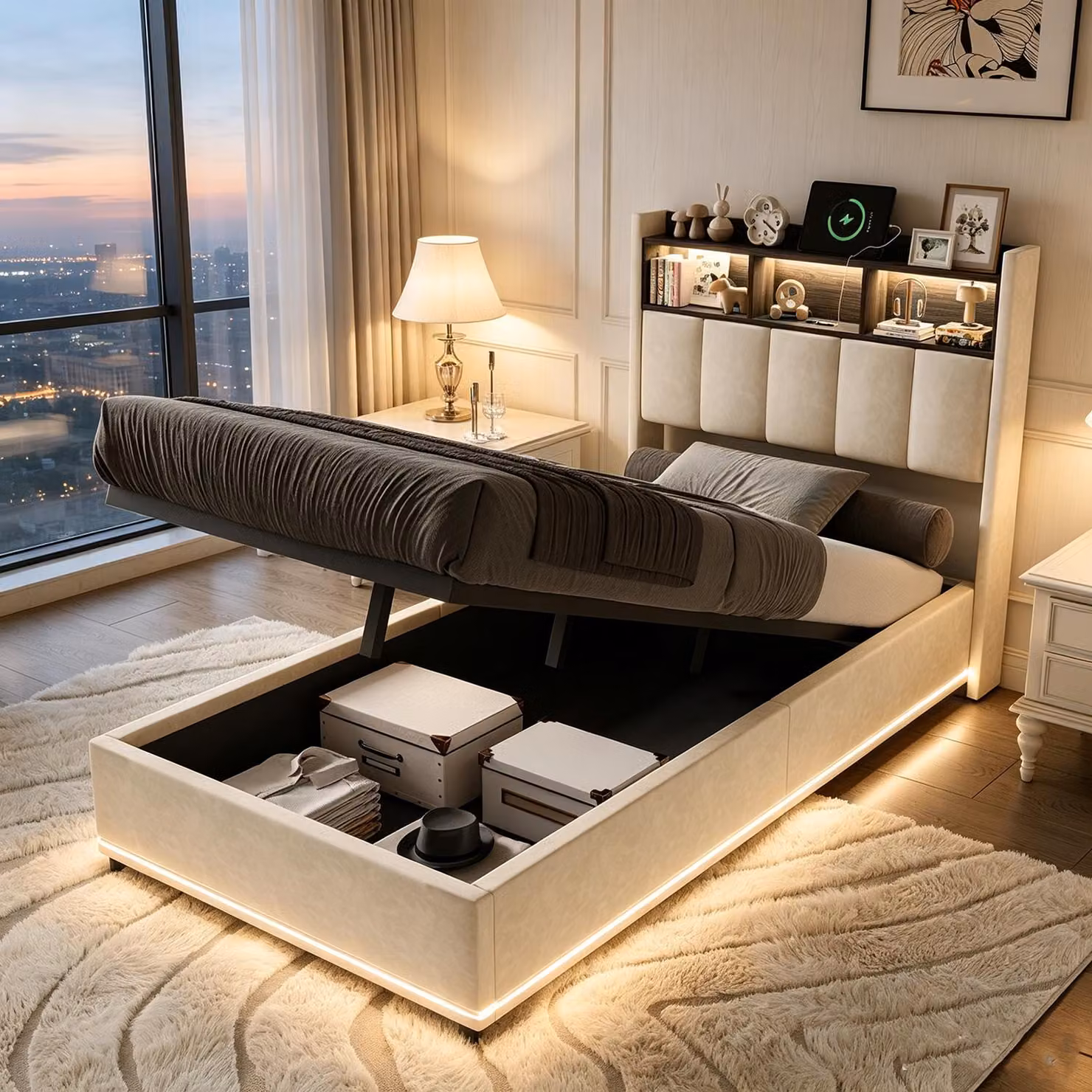 Letto a molle con contenitore INONEFT, 90x200 cm, con spazio contenitore, letto imbottito con LED e porte USB/C, letto singolo con sistema di sollevamento idraulico, rete a molle e testiera, rivestito in velluto, colore beige