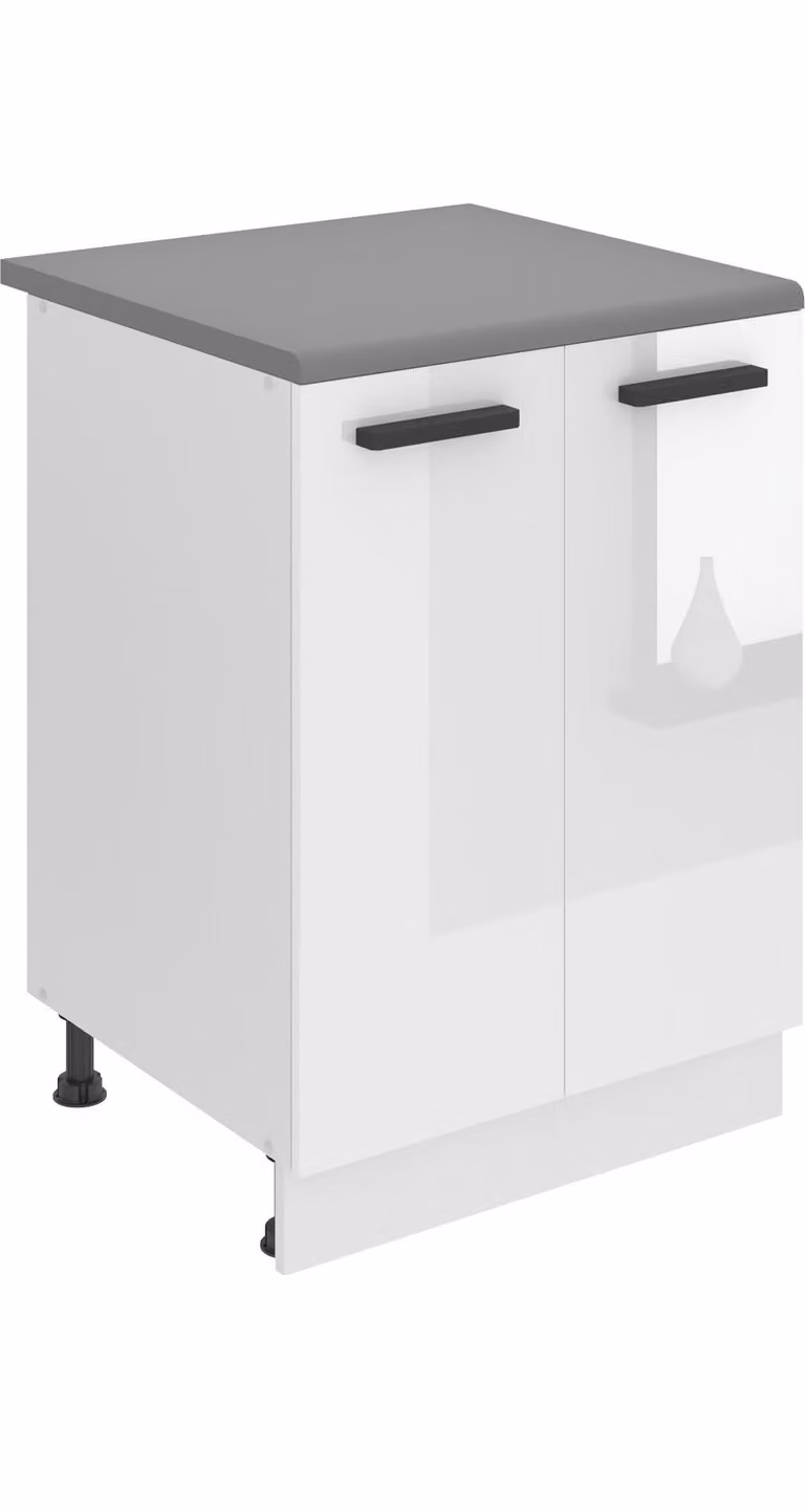 Base da cucina Belini, base da cucina larga 60 cm. SD2 Base per cucina con piano di lavoro. Mobile da cucina a 2 ante, bianco lucido