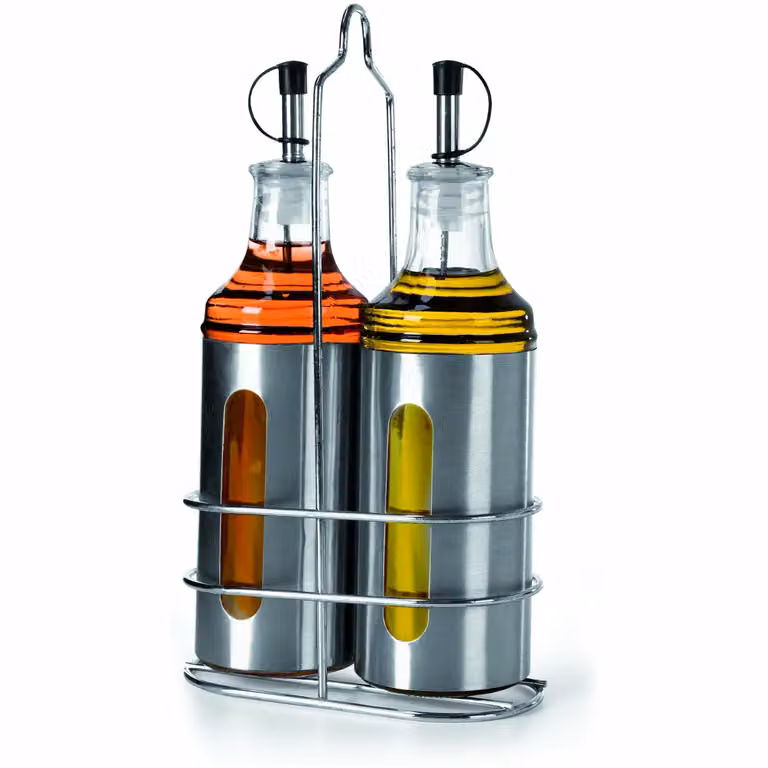 Set Olio e Aceto Gusto Casa in Vetro Trasparente con Dosatore in Acciaio Inox Argento e Supporto, Capacità 350 ml