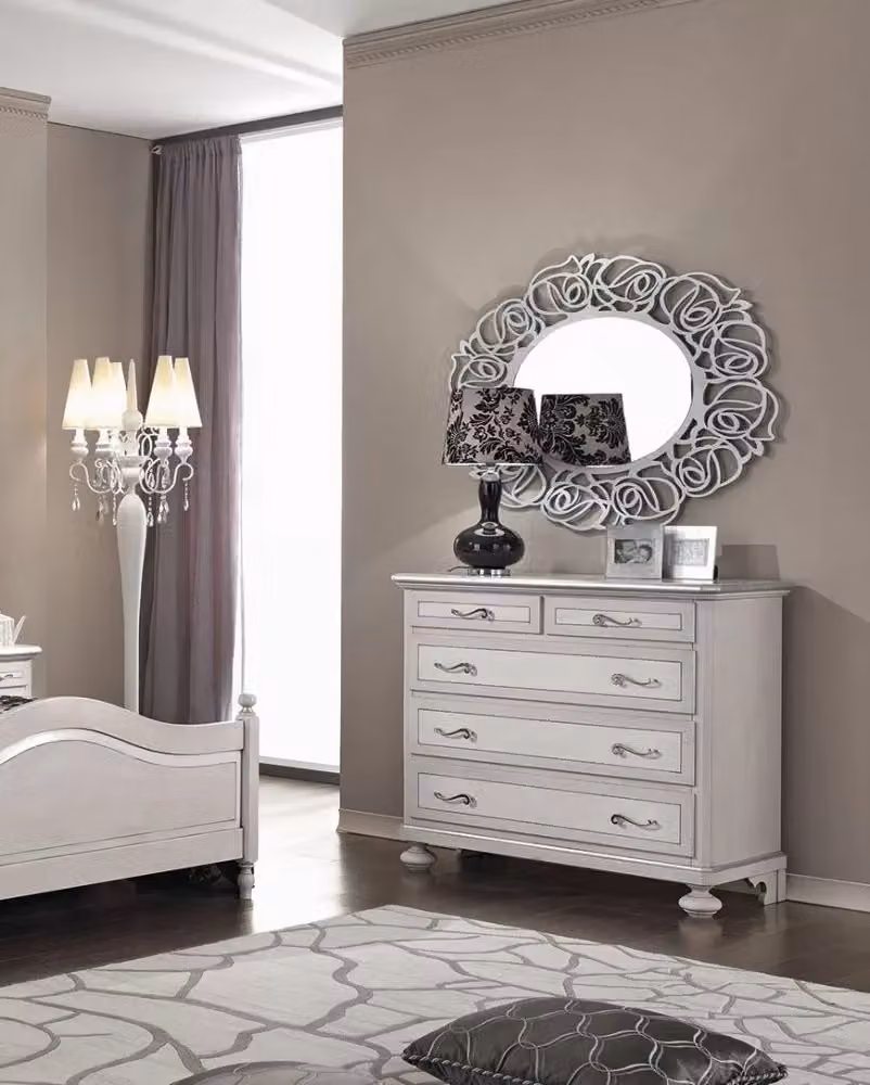Cassettiera in legno stile shabby arte povera con 5 cassetti Mobili 2G colore tortora grigio L: 116 cm, P: 51 cm, H: 101 cm – 2