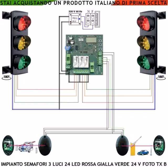 Impianto Semaforo Garage Securvera con 3 Luci LED Rossi Gialli e Verdi, Centrale 24V IP65 con Tempi Regolabili da 3 a 240 Secondi e 2 Coppie di Fotocellule TX per Controllo Veicoli Condominiali – 1