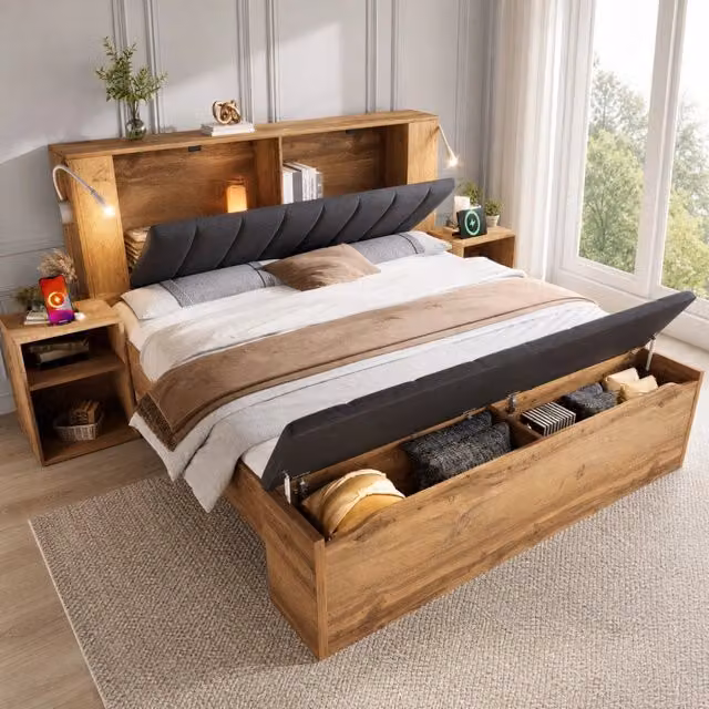 Letto matrimoniale 180x200 cm con testiera pieghevole; comodini e panca contenitore; lampade da lettura con USB; rovere