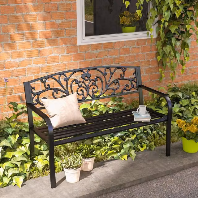 Panca da Giardino in Metallo per 2 Persone con Schienale e Braccioli Nera