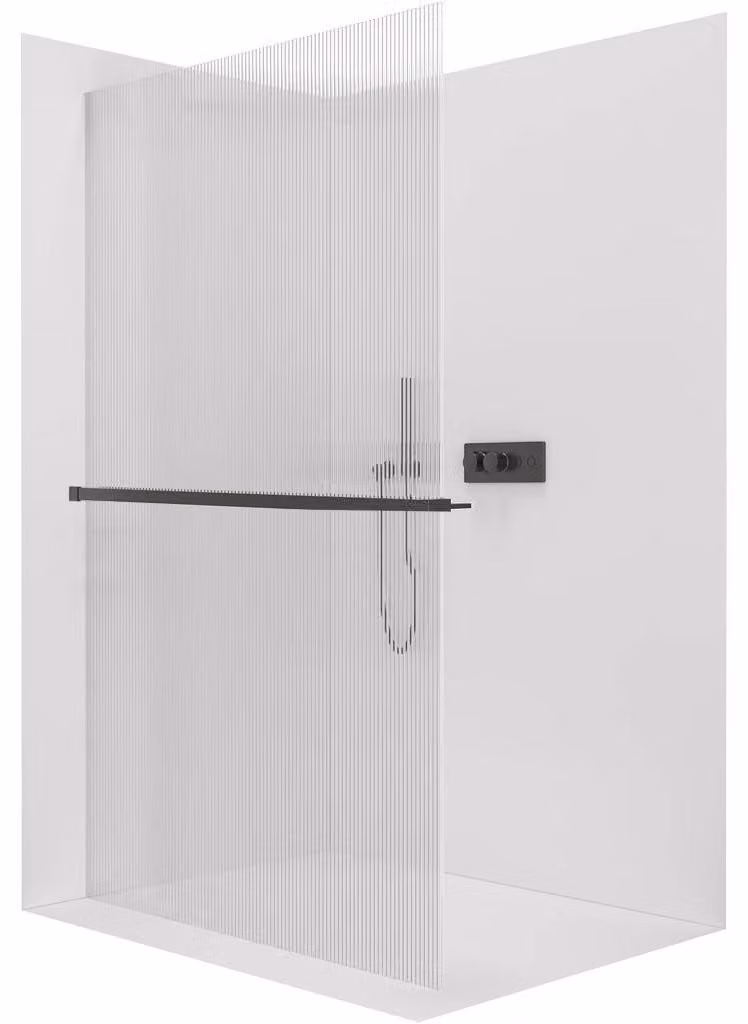 CERANO - Box doccia Walk-in Crystal L/P - 8 mm + mensola/portasciugamani - sistema senza montanti - vetro nero opaco rigato - 110x200 cm