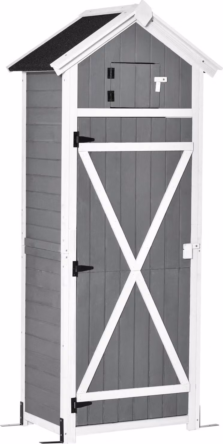 Armadio da giardino con porta e tetto, casetta per attrezzi in legno, grigio, 78x52,5x182 cm, ideale per riporre gli oggetti in giardino e tavolo pieghevole