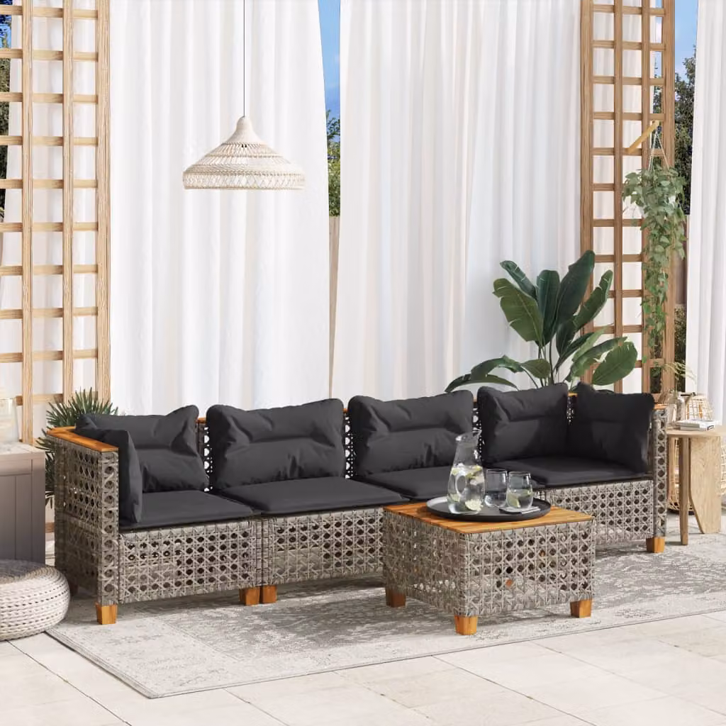 vidaXL Set Divano da Giardino a L in Polyrattan Grigio con Cuscini e Tavolino da Esterno – 1
