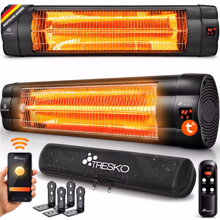 Riscaldatore a infrarossi TRESKO® da 2500W con Wi-Fi e telecomando, per interni ed esterni | Riscaldatore per terrazza con 3 livelli di riscaldamento e display LED | Riscaldatore a infrarossi da parete, ideale per terrazze, riscaldatore a infrarossi, risc