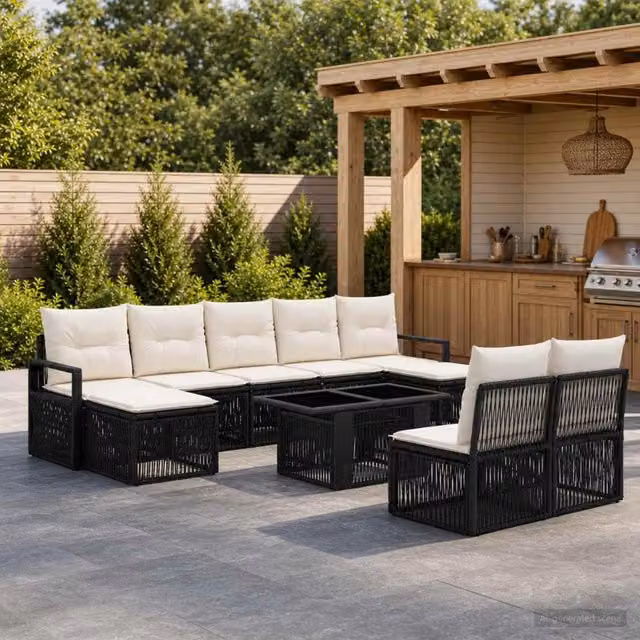 Set Divano da Giardino 10 pz Nero e Bianco Crema polyrattan 3437149