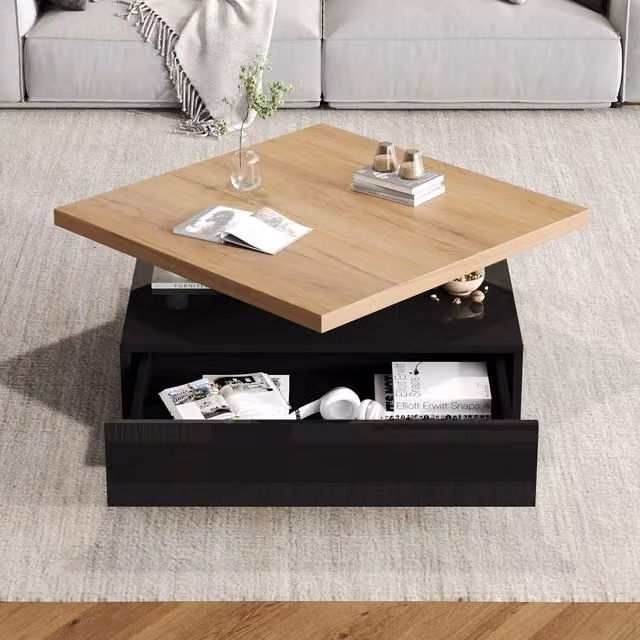 Tavolino da Salotto Multifunzione con Cassetto Caffè Girevole 360°, Piano Lucido a 2 Livelli e Mobile Contenitore, Legno Naturale/Nero, Truciolato