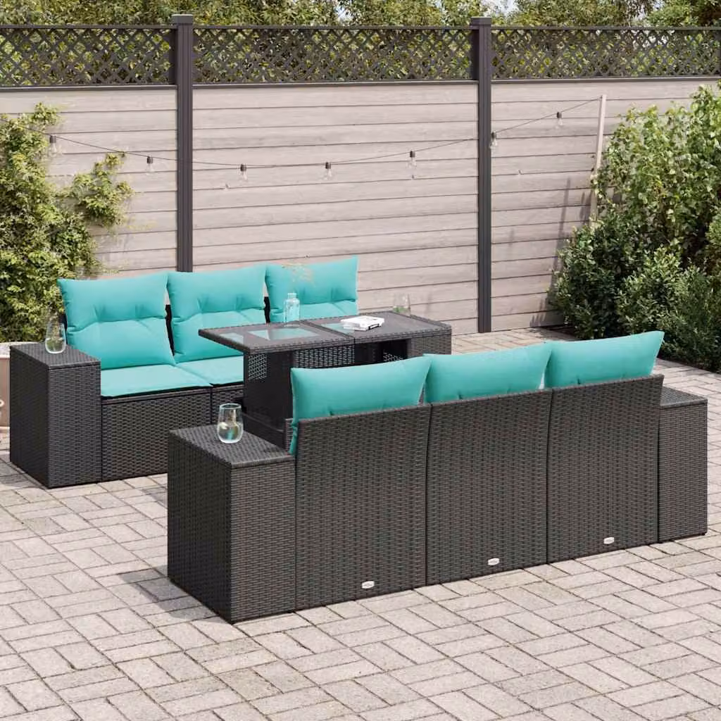 Set Divani da Giardino vidaXL a Forma a U in Polyrattan con Cuscini e Tavolino da Caffè, Colore Nero e Legno di Acacia