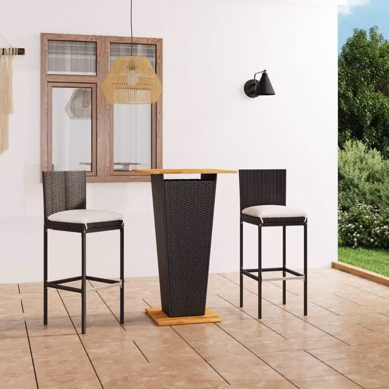 The Living Store Set bar da giardino 3 pezzi con cuscini in poly rattan nero