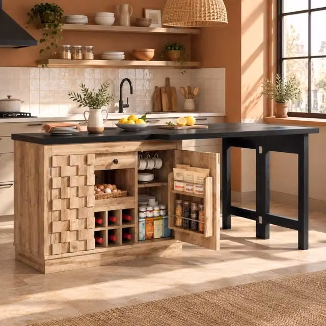 Isola cucina e credenza laterale girevole a 360° 120-197 cm con ante patchwork, portabottiglie estraibile e cassetti, rovere chiaro o nero