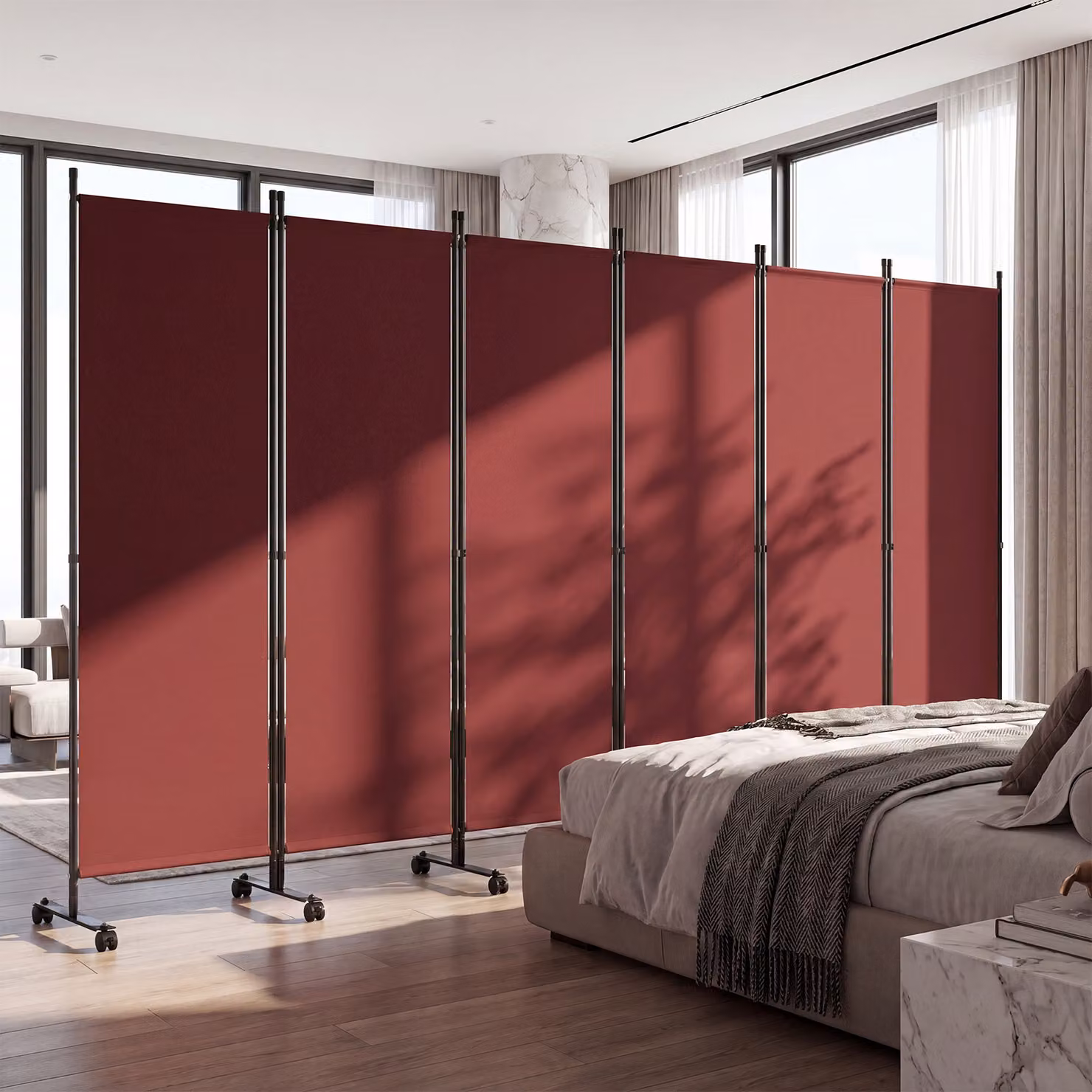 Divisorio pieghevole Costway a 6 pannelli con ruote bloccabili per soggiorno e ufficio, colore marrone e rosso, Altezza: 172 cm