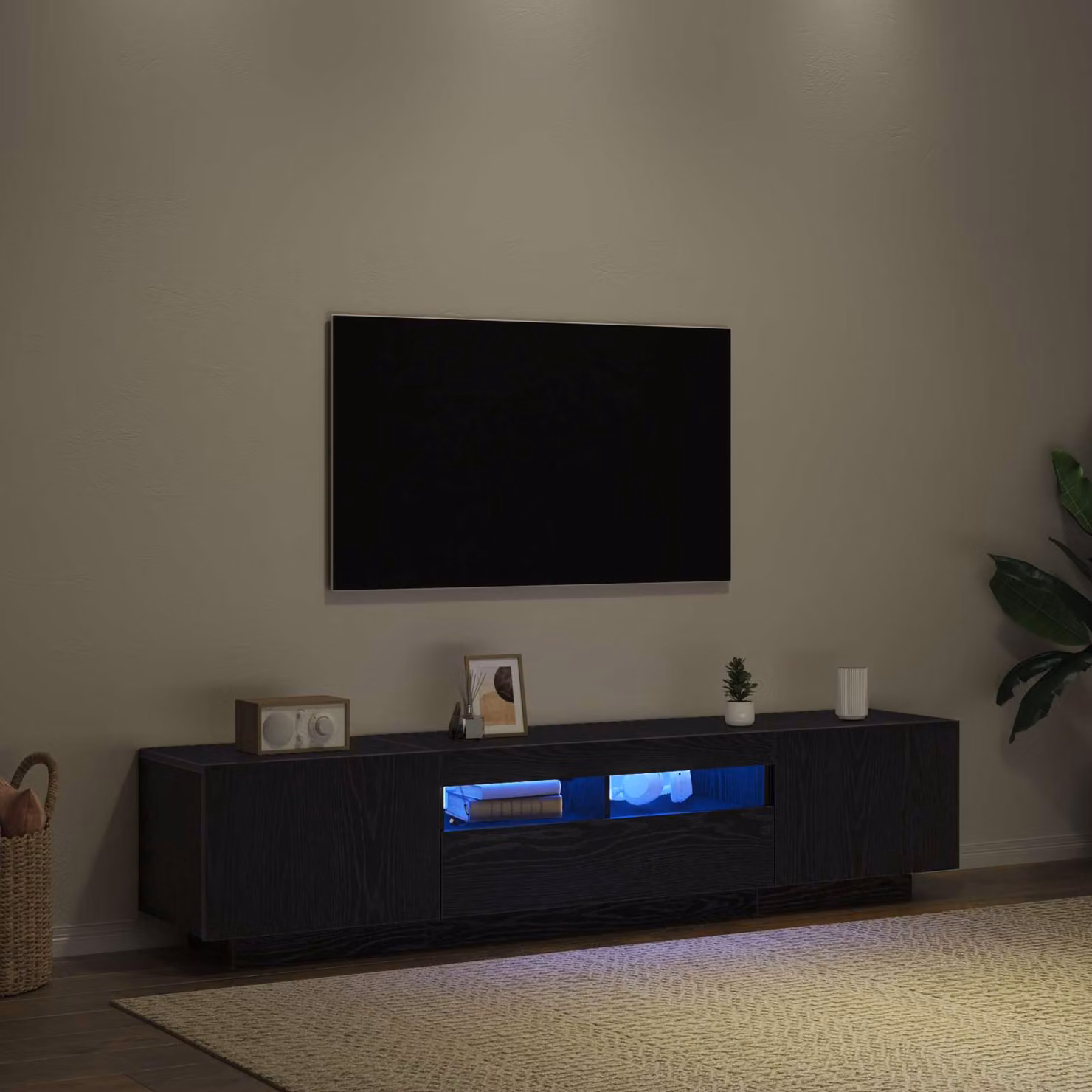 Set di 2 mobili TV moderni vidaXL in legno MDF nero opaco con illuminazione integrata e montaggio a parete