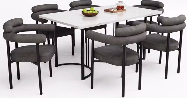 Set tavolo da pranzo e sedie 1 tavolo e 6 poltrone con schienale avvolgente in metallo, MDF e velluto grigio scuro