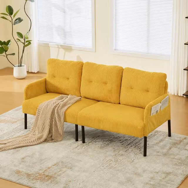 Divano a 3 posti WISHDOR in tessuto corduroy giallo con struttura in metallo e legno per soggiorno o camera da letto L: 171 cm, H: 80 cm, P: 72 cm
