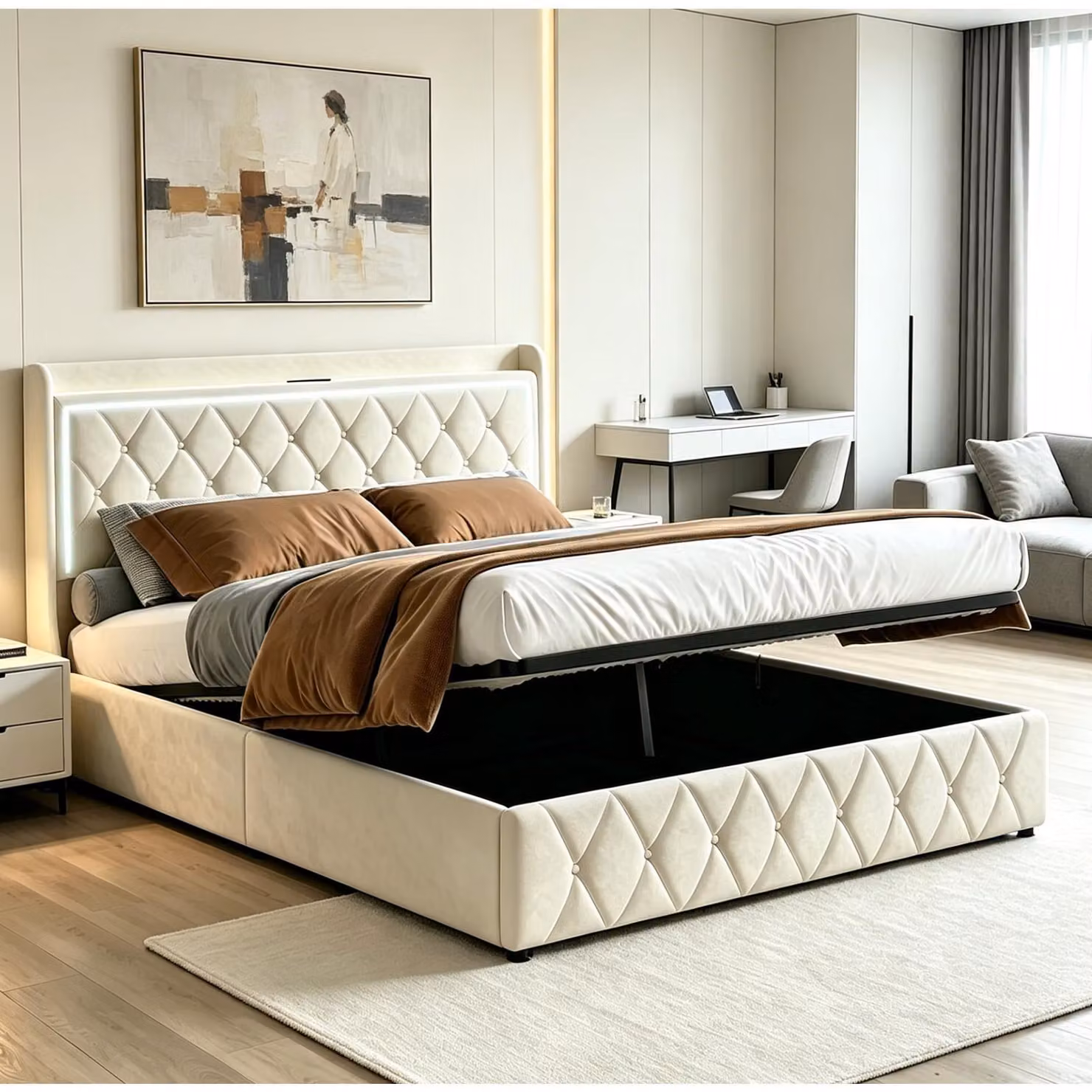 Letto imbottito INONEFT, 140 x 190 cm, con testiera, letto matrimoniale con sistema di sollevamento idraulico e spazio contenitore, struttura letto per giovani e adulti, in velluto, color beige