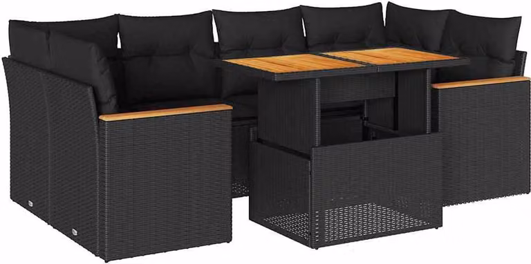 Set Divano da Giardino 6 pz con Cuscini Nero Polyrattan Acacia