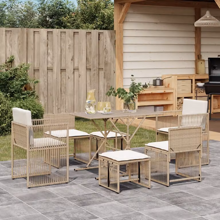 Set da pranzo da giardino vidaXL in polyrattan con 7 pezzi e cuscini beige e bianchi