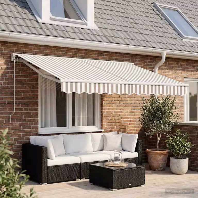 Tenda retrattile manuale vidaXL con bracci pieghevoli in alluminio e tessuto in poliestere, Grigio chiaro e bianco, L: 3 m x P: 2,5 m