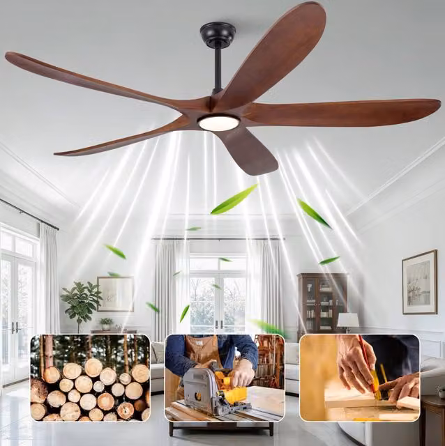 Ventilatore da soffitto LED 176x176x31 cm in legno nero, 6 velocità, per camera –
