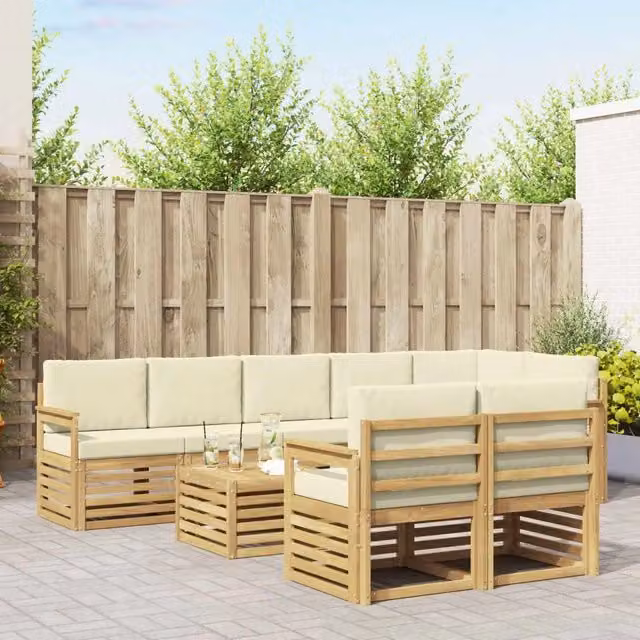 Set di divani da esterno vidaXL a forma di L composto da 9 pezzi con tavolino da caffè, in legno di acacia e tessuto resistente ai raggi UV, colore bianco e beige