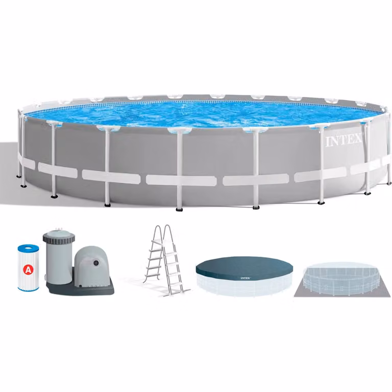 Piscina rotonda INTEX Prisma Frame in colore grigio con struttura in acciaio e PVC, Diametro: 610 cm, Altezza: 132 cm