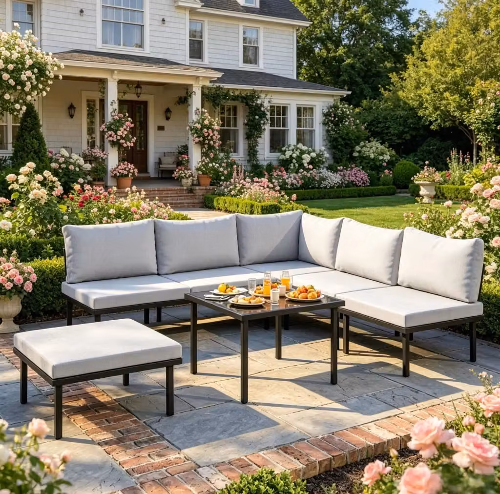 Set da giardino moderno a L composto da 6 pezzi con divano a 2 posti, elemento angolare, pouf e tavolino da caffè in vetro, colore nero e grigio – 2