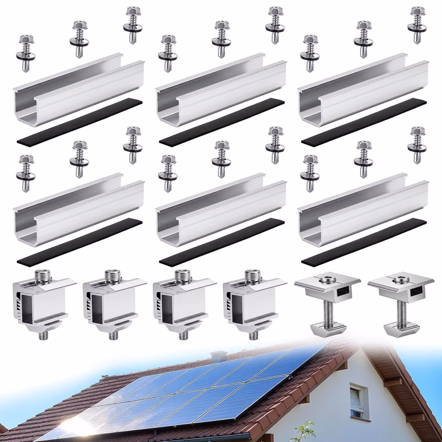 Kit di montaggio per pannelli fotovoltaici, adatto per 2 moduli, con guida in alluminio e morsetti regolabili da 30 a 35 mm