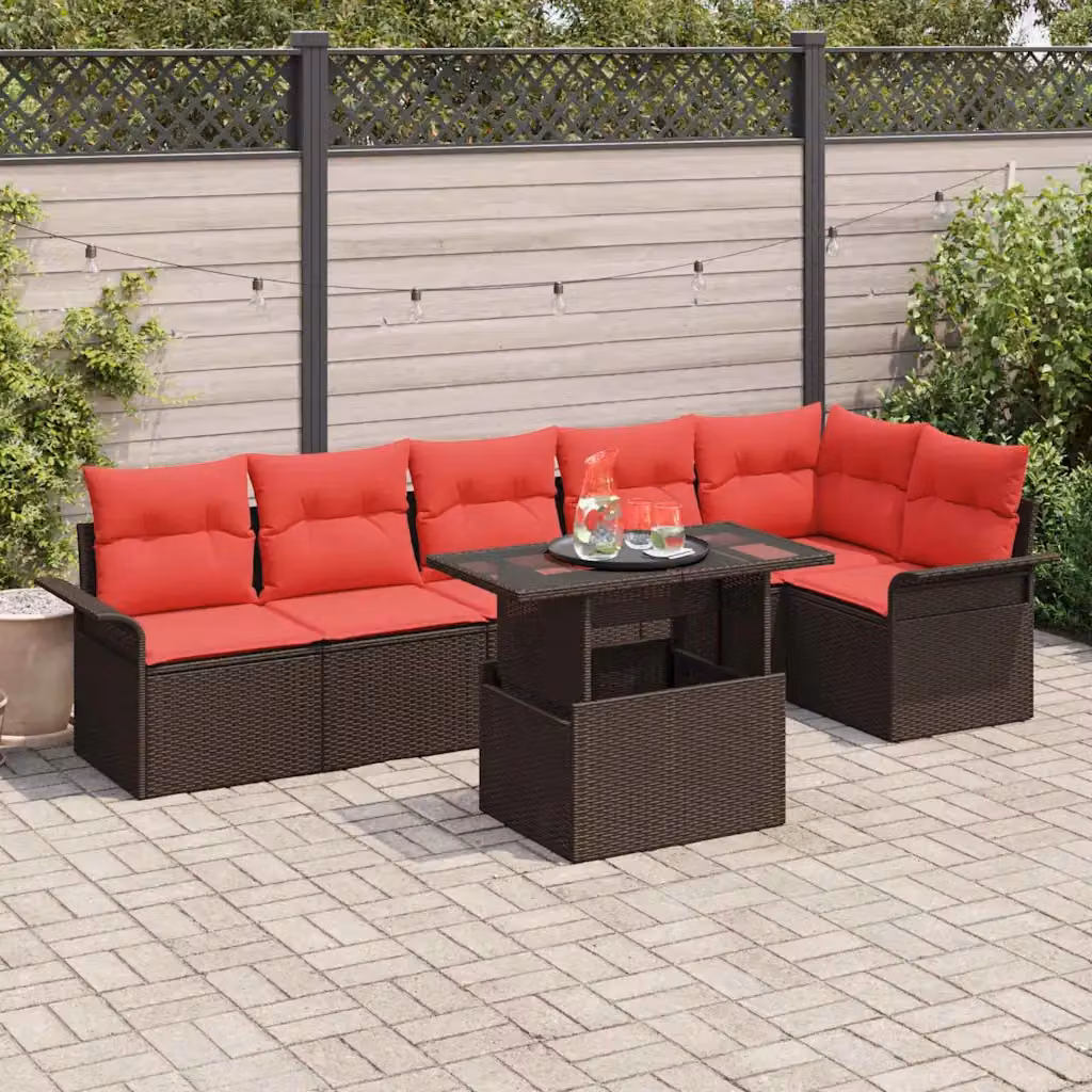 Set Divano da Giardino Moderno vidaXL in Polyrattan Marrone con Tavolo in Vetro e Metallo 7 Pezzi