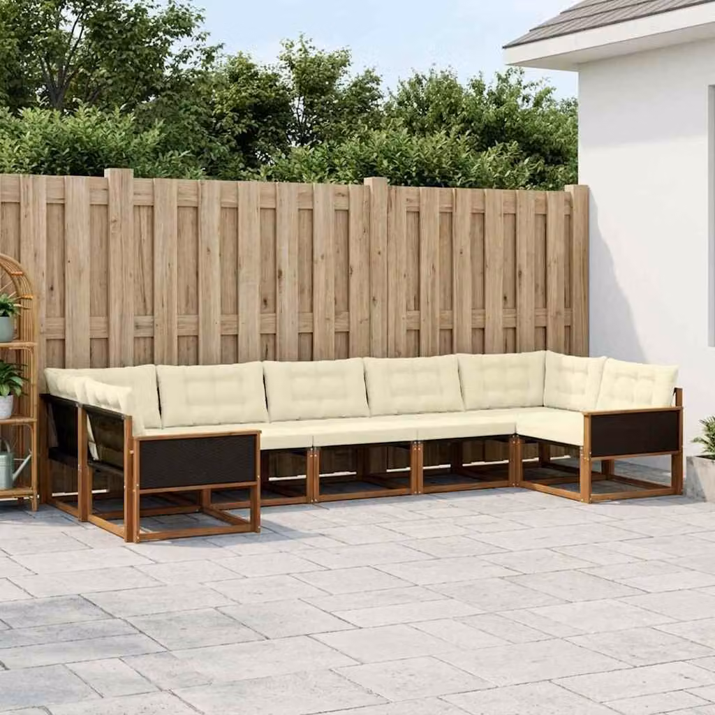 Set di divani da esterno vidaXL 7 pz a forma di U in legno di acacia e textilene, colore beige e bianco