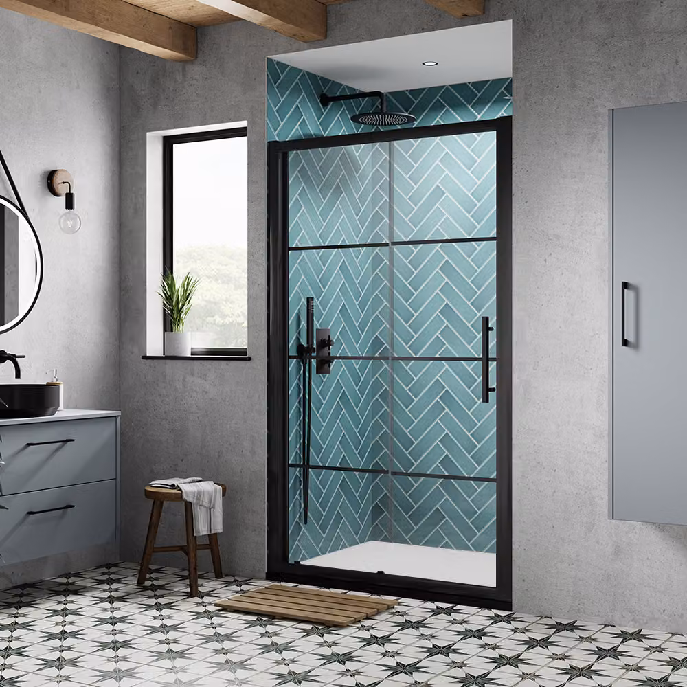 Box Doccia con Porta Scorrevole Nera e Piatto Doccia - 1200mm x 700mm