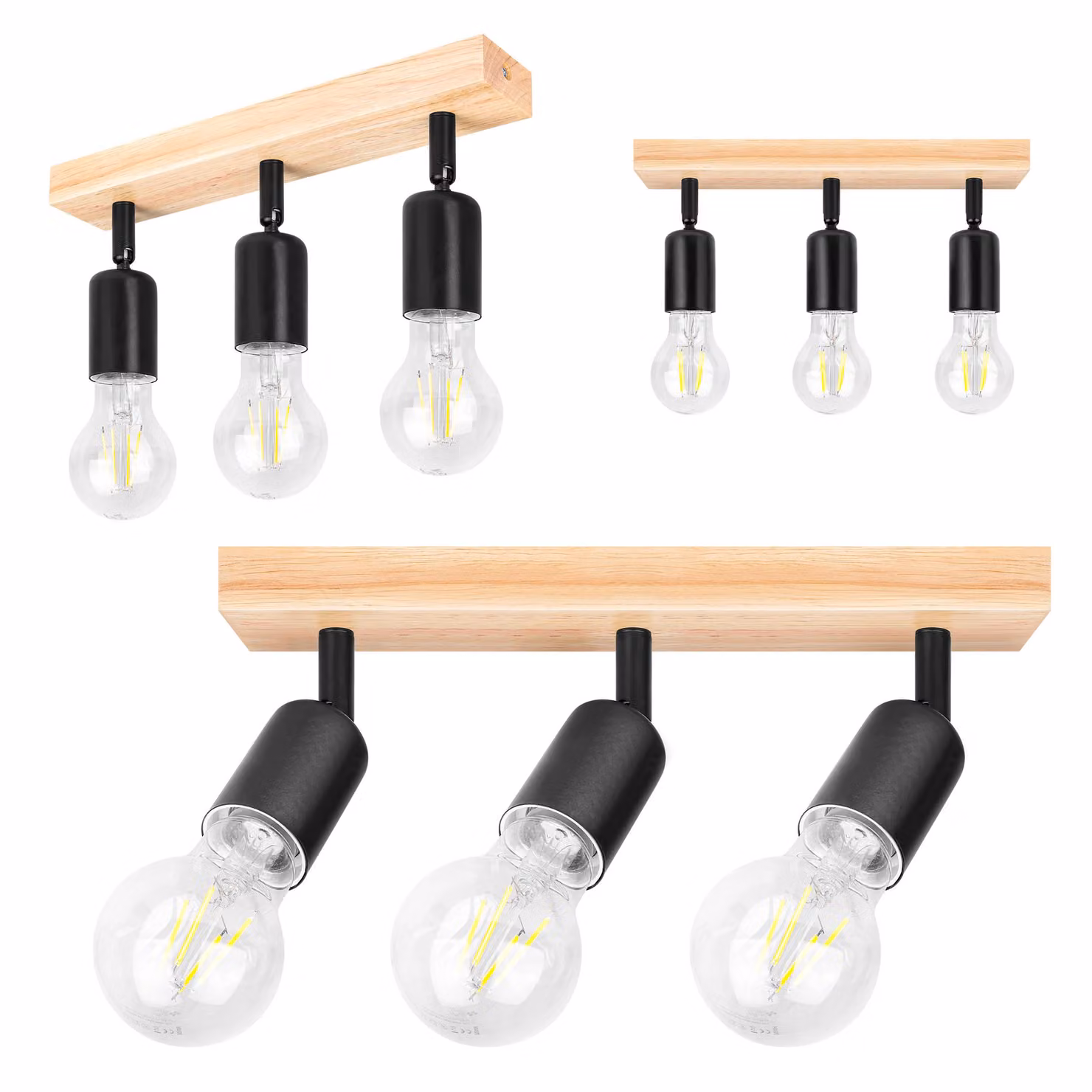 Faretto da soffitto MasterLED - E27, 3 luci, nero, legno, orientabile - Lampada da soffitto LED minimalista per il soggiorno