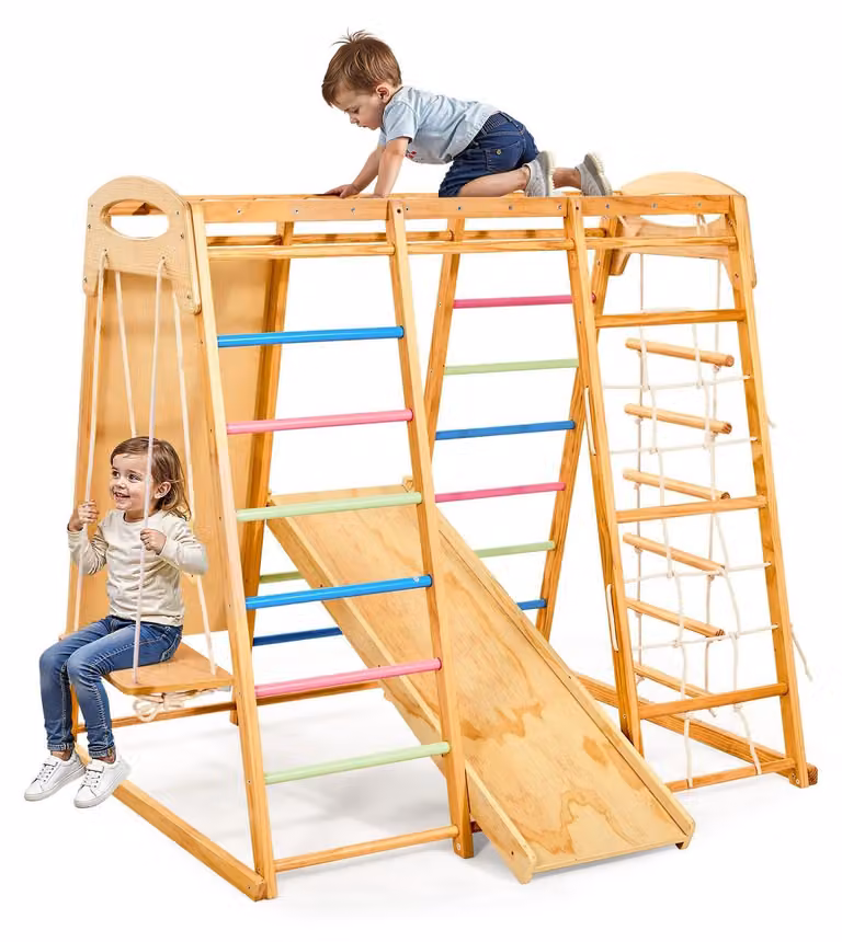 Struttura da gioco in legno per interni - Set di gioco Montessori 7-in-1 - Portata massima: 113 kg - Include: altalena, scivolo, scala, scala da corda, parete da arrampicata e rete da arrampicata