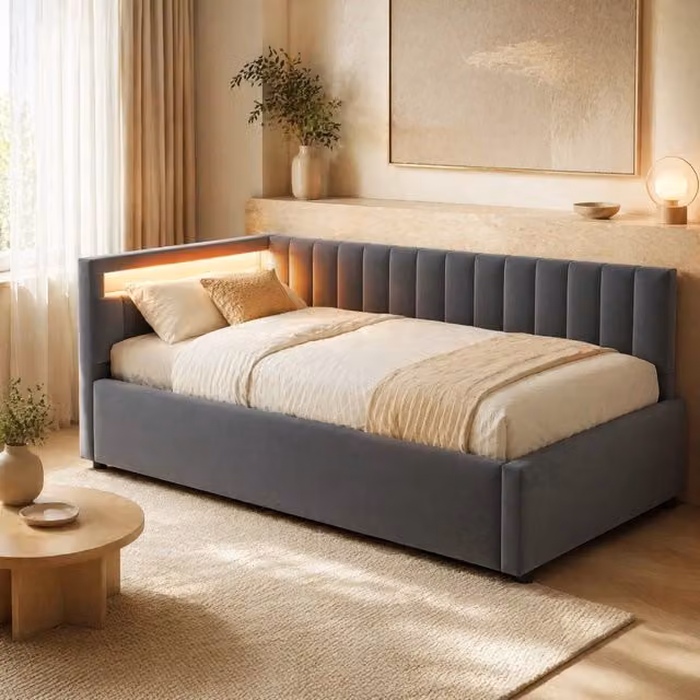 Letto Divano REDOM imbottito in velluto grigio con contenitore e illuminazione LED L/P/H: 90 x 200 cm – 1