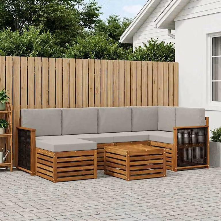 Set di divani da esterno vidaXL a forma di L composto da 6 pezzi in legno di acacia con tavolino e pouf, colori beige, grigio e marrone
